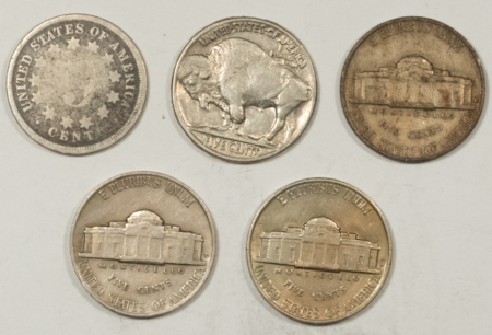 New Store Items 1867, 1938-D x2, 1937, 1942-D, LOT OF 5 NICKELS – MIXED CONDITIONS!