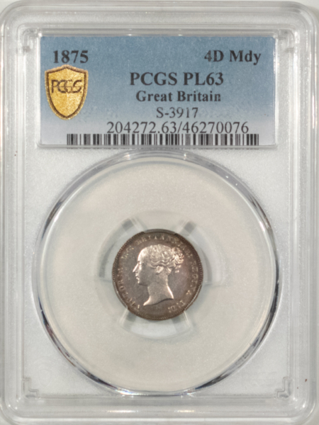 New Certified Coins 1875 GREAT BRITAIN SILVER MAUNDY 4 PENCE, S-3917 – PCGS PL-63, PRETTY!