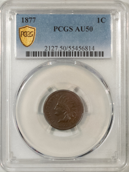 Indian 1877 INDIAN CENT – PCGS AU-50 BN, SUPER ORIGINAL AND KEY-DATE!