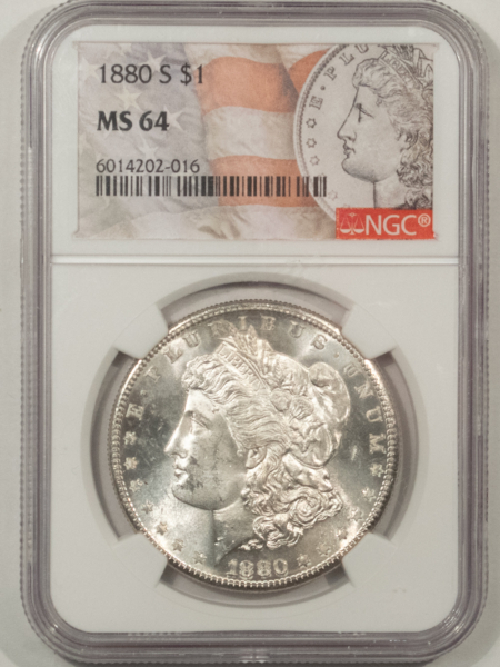 Morgan Dollars 1880-S $1 MORGAN DOLLAR – NGC MS-64, BLAST WHITE, FLAG HOLDER