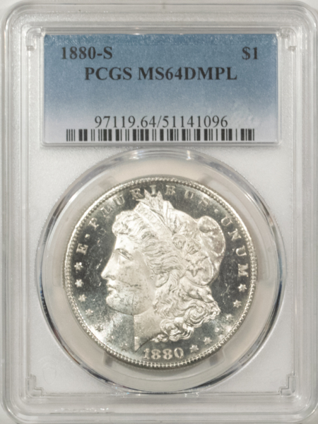 Morgan Dollars 1880-S $1 MORGAN DOLLAR – PCGS MS-64 DMPL, BLACK & WHITE! WOW!