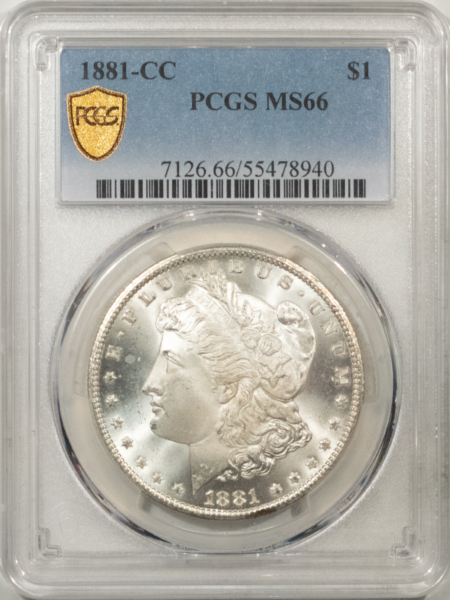 Morgan Dollars 1881-CC $1 MORGAN DOLLAR – PCGS MS-66, SUPERB GEM, HALOGEN WHITE! CARSON CITY!