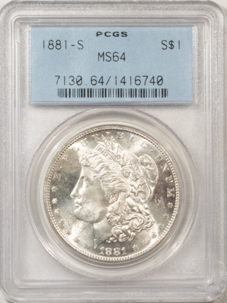 Morgan Dollars 1881-S $1 MORGAN DOLLAR – PCGS MS-64, VINTAGE PCGS HOLDER, PREMIUM QUALITY+