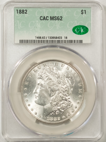 Dollars 1882 MORGAN DOLLAR, CACG MS-62, BLAST-WHITE & PQ! CAC!