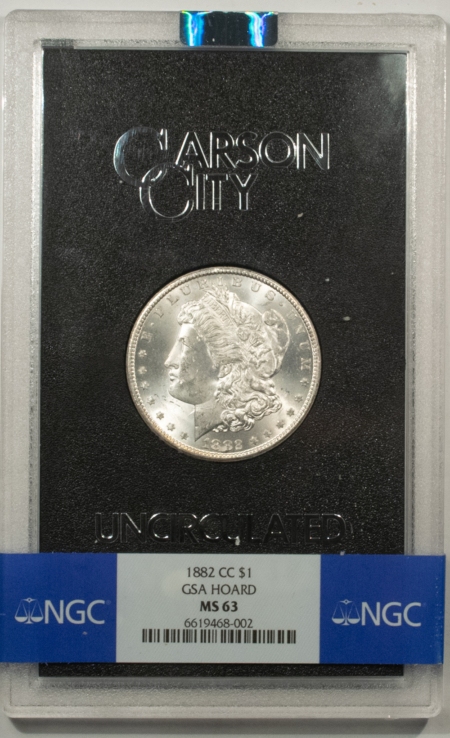 Morgan Dollars 1882-CC $1 MORGAN DOLLAR GSA – NGC MS-63, BOX/CARD! WHITE & CHOICE, CARSON CITY!