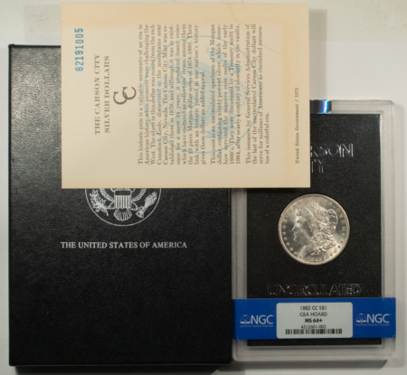 Morgan Dollars 1882-CC $1 MORGAN DOLLAR GSA – NGC MS-64+ WITH BOX AND CARD! CARSON CITY!