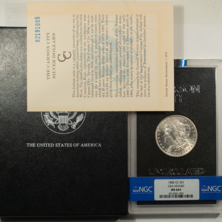 Morgan Dollars 1882-CC $1 MORGAN DOLLAR GSA – NGC MS-64+ WITH BOX AND CARD! CARSON CITY!