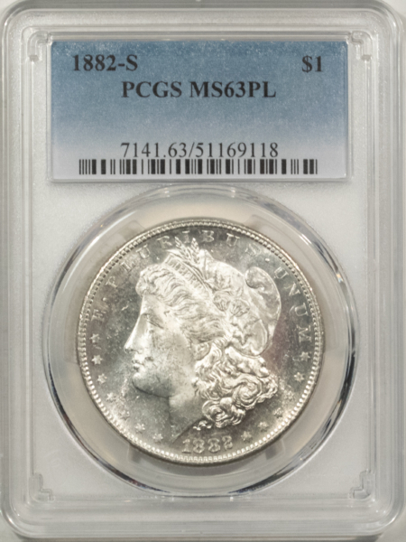 Morgan Dollars 1882-S $1 MORGAN DOLLAR – PCGS MS-63 PL, PROOFLIKE & WHITE, NICE MIRRORS!