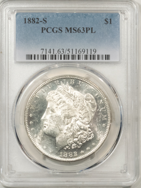 Morgan Dollars 1882-S $1 MORGAN DOLLAR – PCGS MS-63 PL, WHITE, NICE MIRRORS!