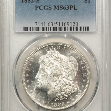 Morgan Dollars 1882-S $1 MORGAN DOLLAR – PCGS MS-63 PL, PROOFLIKE WHITE, NICE MIRRORS!