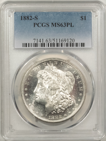 Morgan Dollars 1882-S $1 MORGAN DOLLAR – PCGS MS-63 PL, PROOFLIKE WHITE, NICE MIRRORS!