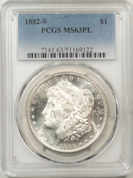 Morgan Dollars 1882-S $1 MORGAN DOLLAR – PCGS MS-63 PL, PROOFLIKE & WHITE, NICE MIRRORS!