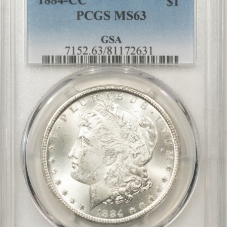 New Store Items 1884-CC $1 MORGAN DOLLAR – PCGS MS-63, BLAST WHITE! CARSON CITY! GSA ON HOLDER