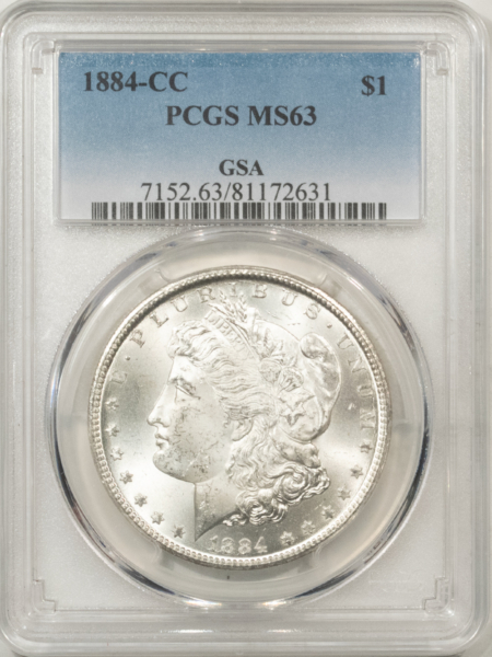 Morgan Dollars 1884-CC $1 MORGAN DOLLAR – PCGS MS-63, BLAST WHITE! CARSON CITY! GSA ON HOLDER