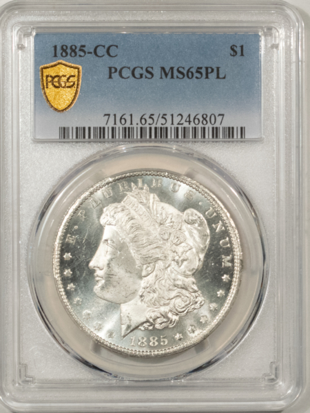 Dollars 1885-CC $1 MORGAN DOLLAR – PCGS MS-65 PL PROOFLIKE, FLASHY WHITE GEM CARSON CITY