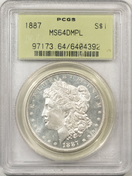 Morgan Dollars 1887 $1 MORGAN DOLLAR – PCGS MS-64 DMPL, OLD GREEN HOLDER, PREMIUM QUALITY!