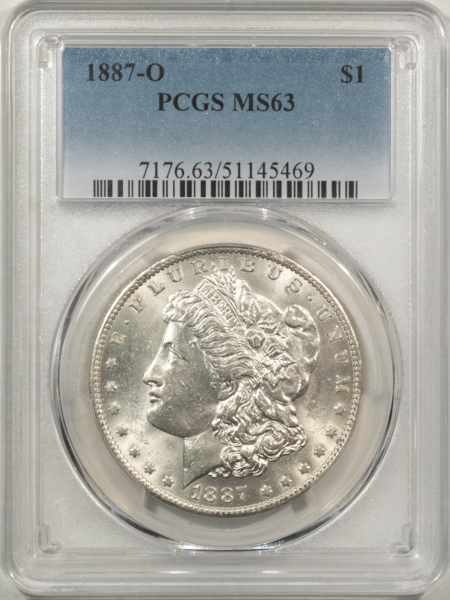 Morgan Dollars 1887-O $1 MORGAN DOLLAR – PCGS MS-63, BLAST WHITE!