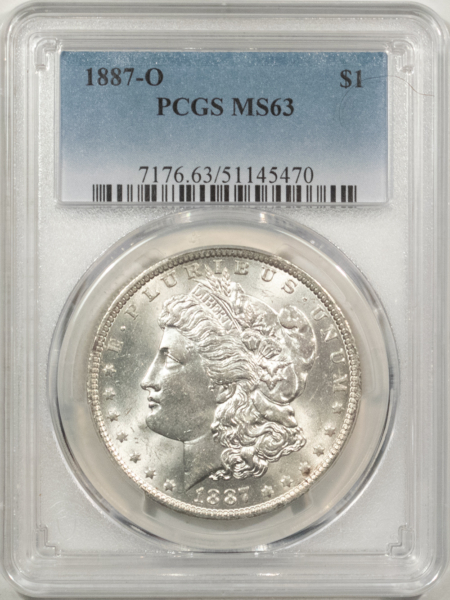 Morgan Dollars 1887-O $1 MORGAN DOLLAR – PCGS MS-63, BLAST WHITE!