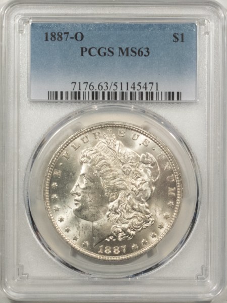 Morgan Dollars 1887-O $1 MORGAN DOLLAR – PCGS MS-63, BLAST WHITE!