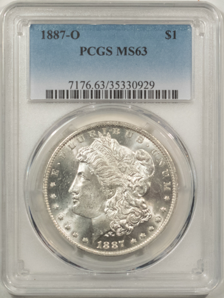 Morgan Dollars 1887-O $1 MORGAN DOLLAR – PCGS MS-63, BLAST WHITE, SEMI PROOFLIKE OBVERSE!