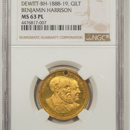 New Store Items 1888 BENJAMIN HARRISON CAMPAIGN MEDAL 25MM DEWITT-BH-1888-19 GILT NGC MS-63 PL