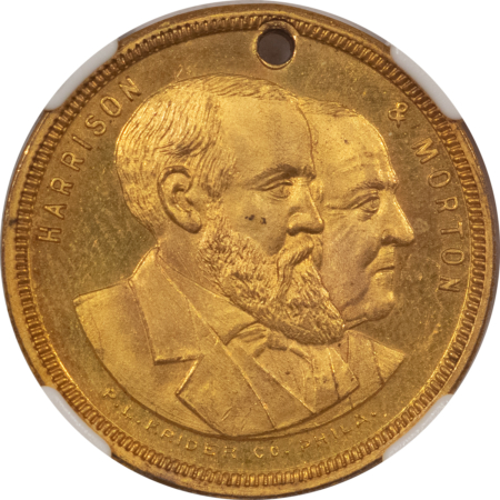 Exonumia 1888 BENJAMIN HARRISON CAMPAIGN MEDAL 25MM DEWITT-BH-1888-19 GILT NGC MS-63 PL