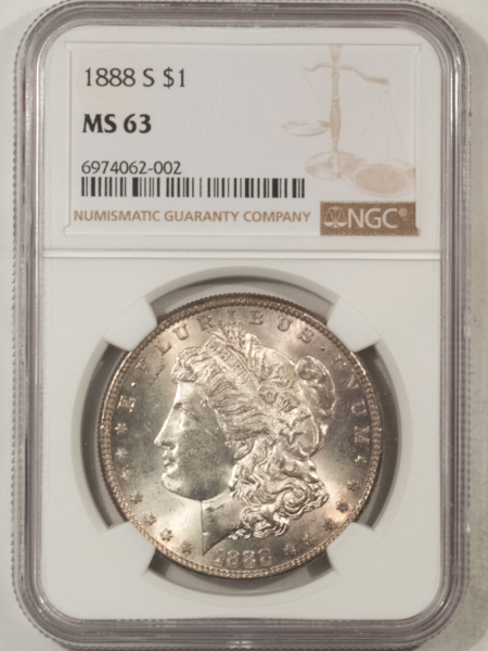 Morgan Dollars 1888-S $1 MORGAN DOLLAR – NGC MS-63, FLASHY, FRESH CHOICE!