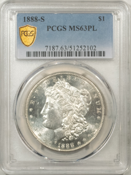 Morgan Dollars 1888-S $1 MORGAN DOLLAR – PCGS MS-63 PL, REALLY SCARCE IN PROOFLIKE!