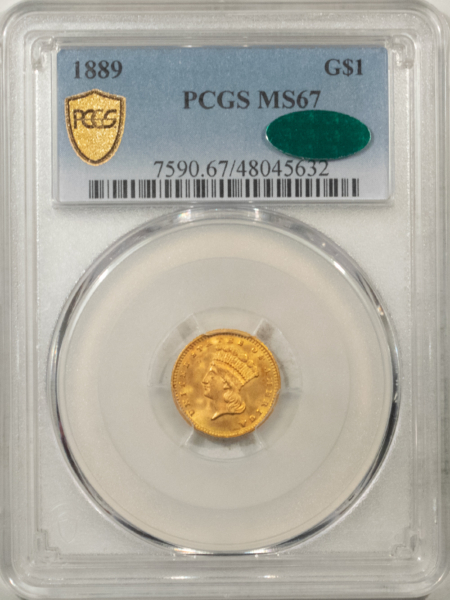 $1 1889 $1 GOLD DOLLAR – PCGS MS-67, SUPERB GEM! CAC APPROVED!