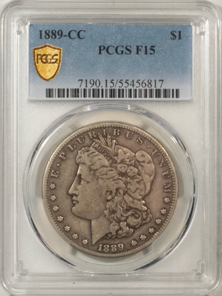 Morgan Dollars 1889-CC $1 MORGAN DOLLAR – PCGS F-15, NICE ORIGINAL! CARSON CITY!