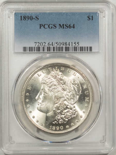 Morgan Dollars 1890-S $1 MORGAN DOLLAR – PCGS MS-64, BLAST WHITE & PREMIUM QUALITY!