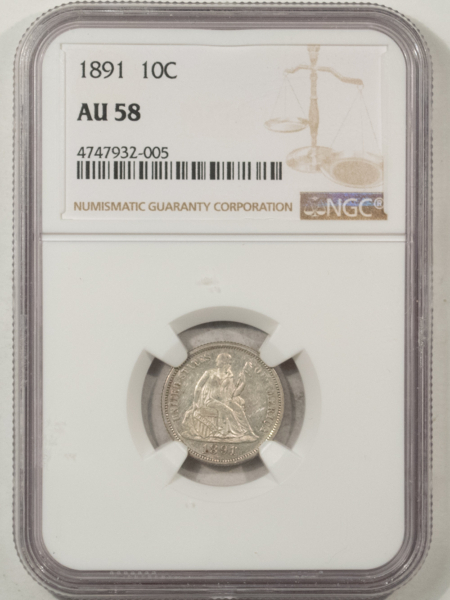 Liberty Seated Dimes 1891 SEATED LIBERTY DIME – NGC AU-58, FLASHY LOOKS PROOFLIKE!