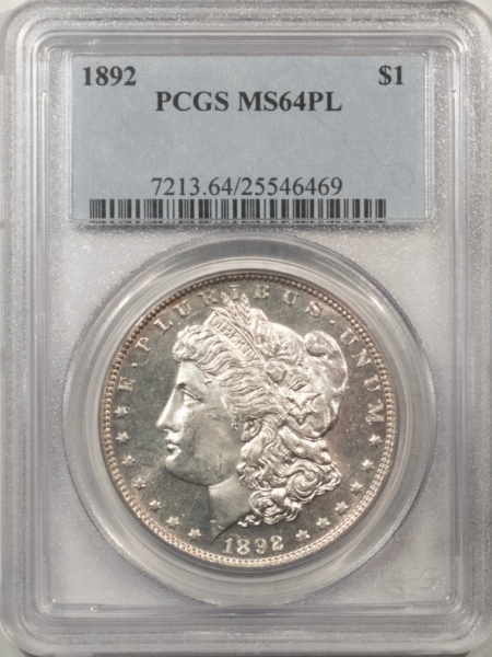 Morgan Dollars 1892 $1 MORGAN DOLLAR – PCGS MS-64 PL, A RARE PROOFLIKE W/ REALLY DEEP FIELDS!