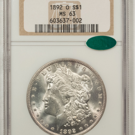 CAC Approved Coins 1892-O $1 MORGAN DOLLAR – NGC MS-63, BLAST WHITE, WELL-STRUCK, PQ++ CAC APPROVED