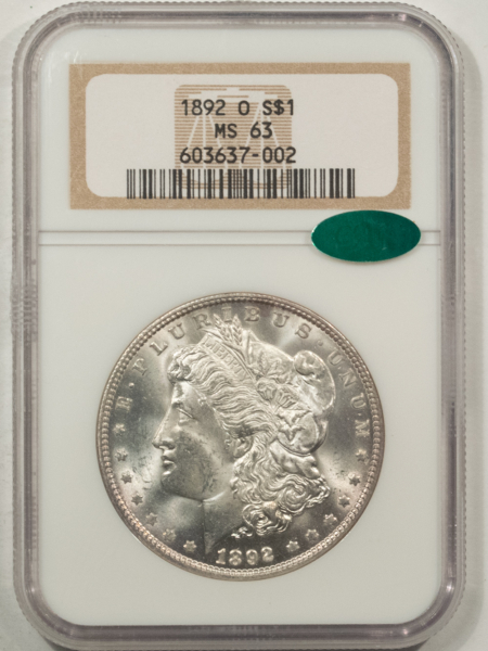 CAC Approved Coins 1892-O $1 MORGAN DOLLAR – NGC MS-63, BLAST WHITE, WELL-STRUCK, PQ++ CAC APPROVED