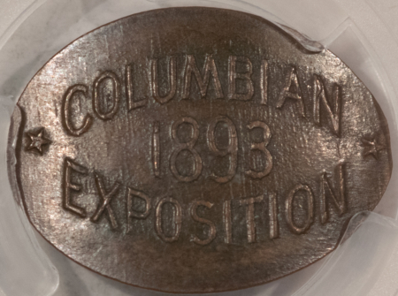 Exonumia 1893 COLUMBIAN EXPO ELONGATED CENT, STRUCK ON INDIAN CENT, M&D-2A – PCGS MS-63