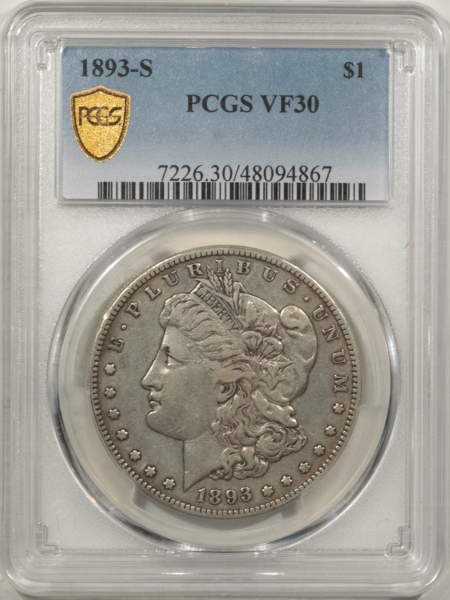 Morgan Dollars 1893-S $1 MORGAN DOLLAR – PCGS VF-30, KEY-DATE!