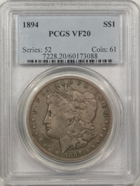 Morgan Dollars 1894 $1 MORGAN DOLLAR – PCGS VF-20, NICE, ORIGINAL, LOW MINTAGE!