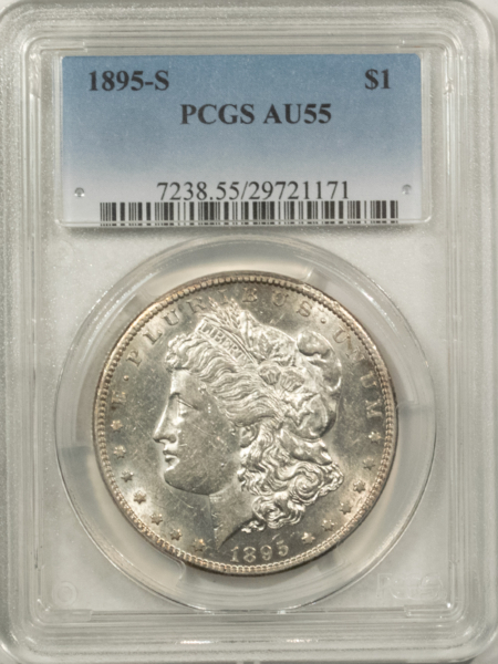 Morgan Dollars 1895-S $1 MORGAN DOLLAR – PCGS AU-55, BLAST WHITE! KEY-DATE!