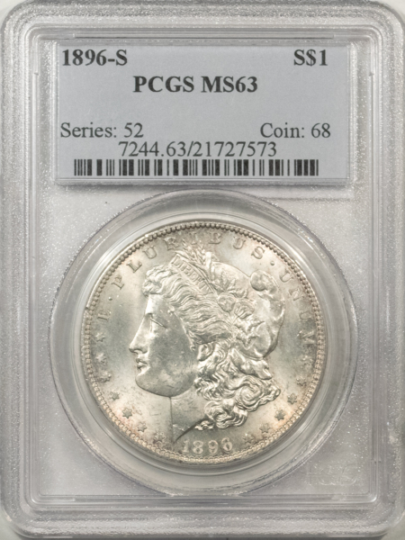 Morgan Dollars 1896-S $1 MORGAN DOLLAR – PCGS MS-63, WHITE & FRESH! TOUGH DATE!