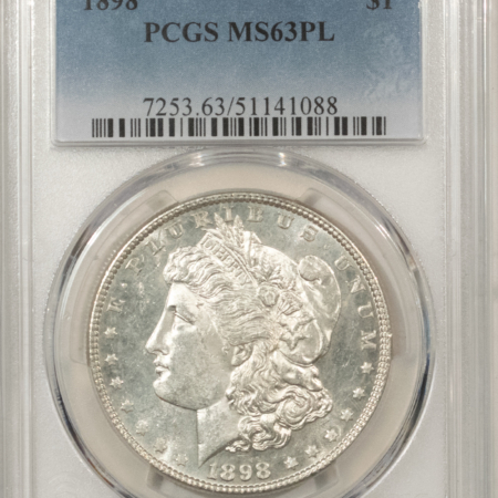 Morgan Dollars 1898 $1 MORGAN DOLLAR – PCGS MS-63 PL, MARK-FREE PROOFLIKE, PREMIUM QUALITY!