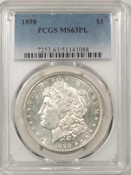 Morgan Dollars 1898 $1 MORGAN DOLLAR – PCGS MS-63 PL, MARK-FREE PROOFLIKE, PREMIUM QUALITY!