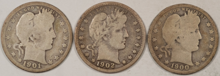 Barber Quarters 1900 1901 1902 BARBER QUARTERS, LOT/3 – CIRCULATED, 1902 IS VG+