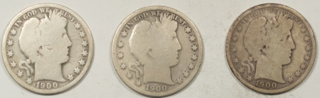 Barber Halves 1900 1900-O 1900-S BARBER HALF DOLLARS LOT/3 – CIRCULATED “S” W/ OLD REV SCRATCH