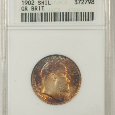 New Certified Coins 1902 GREAT BRITAIN SHILLING, KM-800 – ANACS MS-63, GORGEOUS COLOR!