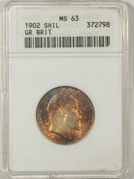 New Certified Coins 1902 GREAT BRITAIN SHILLING, KM-800 – ANACS MS-63, GORGEOUS COLOR!