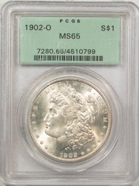 Morgan Dollars 1902-O $1 MORGAN DOLLAR – PCGS MS-65, OLD GREEN HOLDER, GEM!