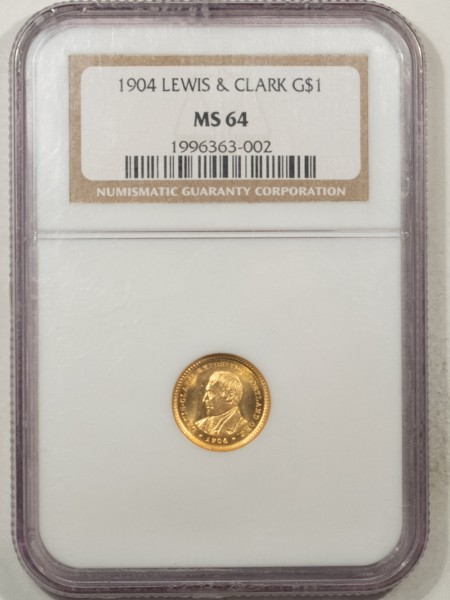 Gold 1904 LEWIS & CLARK GOLD COMMEMORATIVE DOLLAR – NGC MS-64, 66 LUSTER! PQ! WOW!