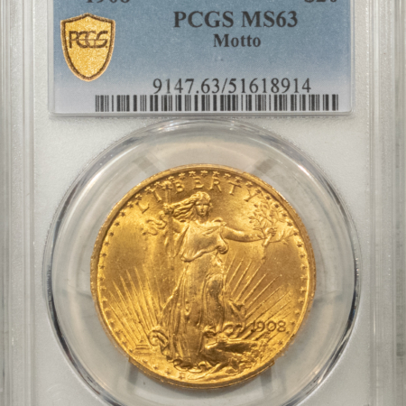 $20 1908 $20 ST GAUDENS GOLD DBL EAGLE MOTTO – PCGS MS-63, LOOKS 64, FRESH, FLASHY!