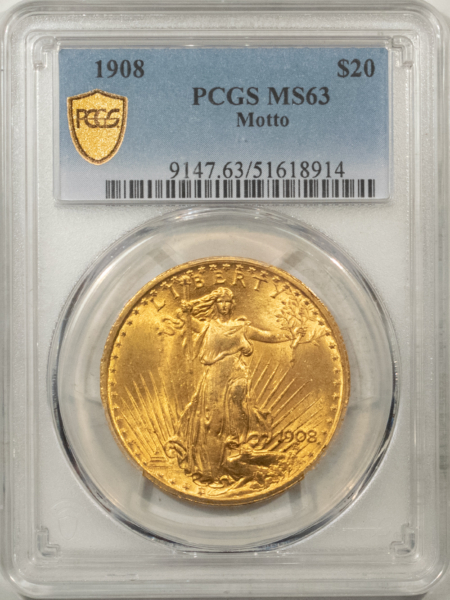 $20 1908 $20 ST GAUDENS GOLD DBL EAGLE MOTTO – PCGS MS-63, LOOKS 64, FRESH, FLASHY!